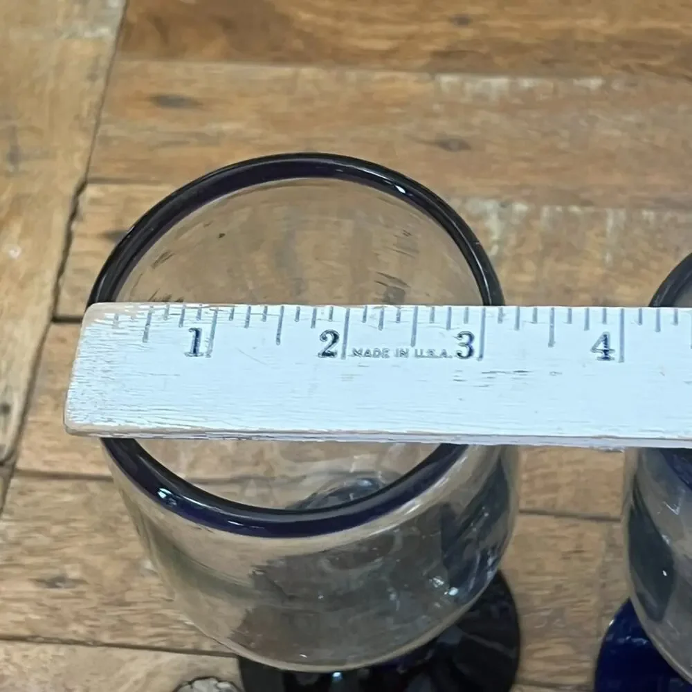 Mexican Hand Blown Goblets Drinking Glasses Cobalt Blue Rim Set of 5